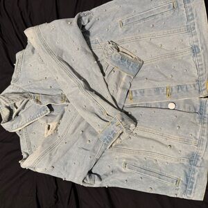 SHEIN Light Blue Jean Jacket with Pearl Accents